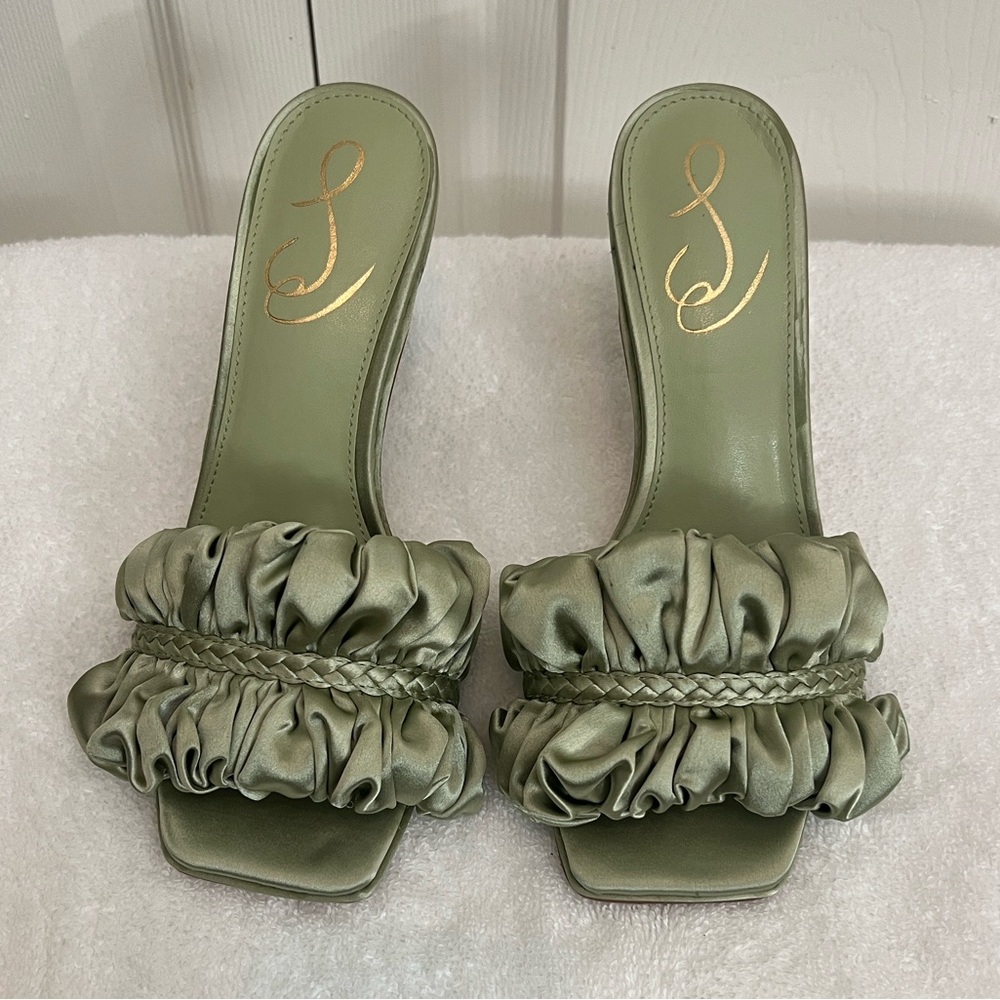 Women’s Light Green (Pistachio Satin) Ruffle Heeled Mules by Sam Edelman Size5.5
